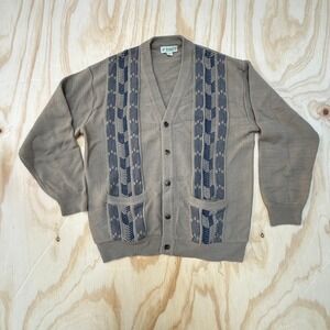 Haband Mens Vintage Cardigan Sweater Large Taupe Navy Geometric Pattern V-Neck